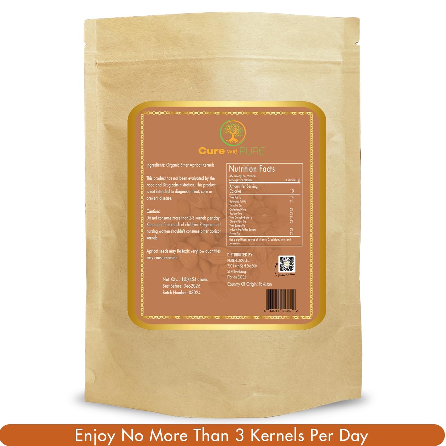 Cure wid Pure Certified Organic Apricot Seeds 1lb -Freshly Packed Gluten Free Raw Non-GMO Organic Bitter Apricot Kernels - Rich in  - Eco-Friendly Resealable Pack Max 3 Kernels Per Day
