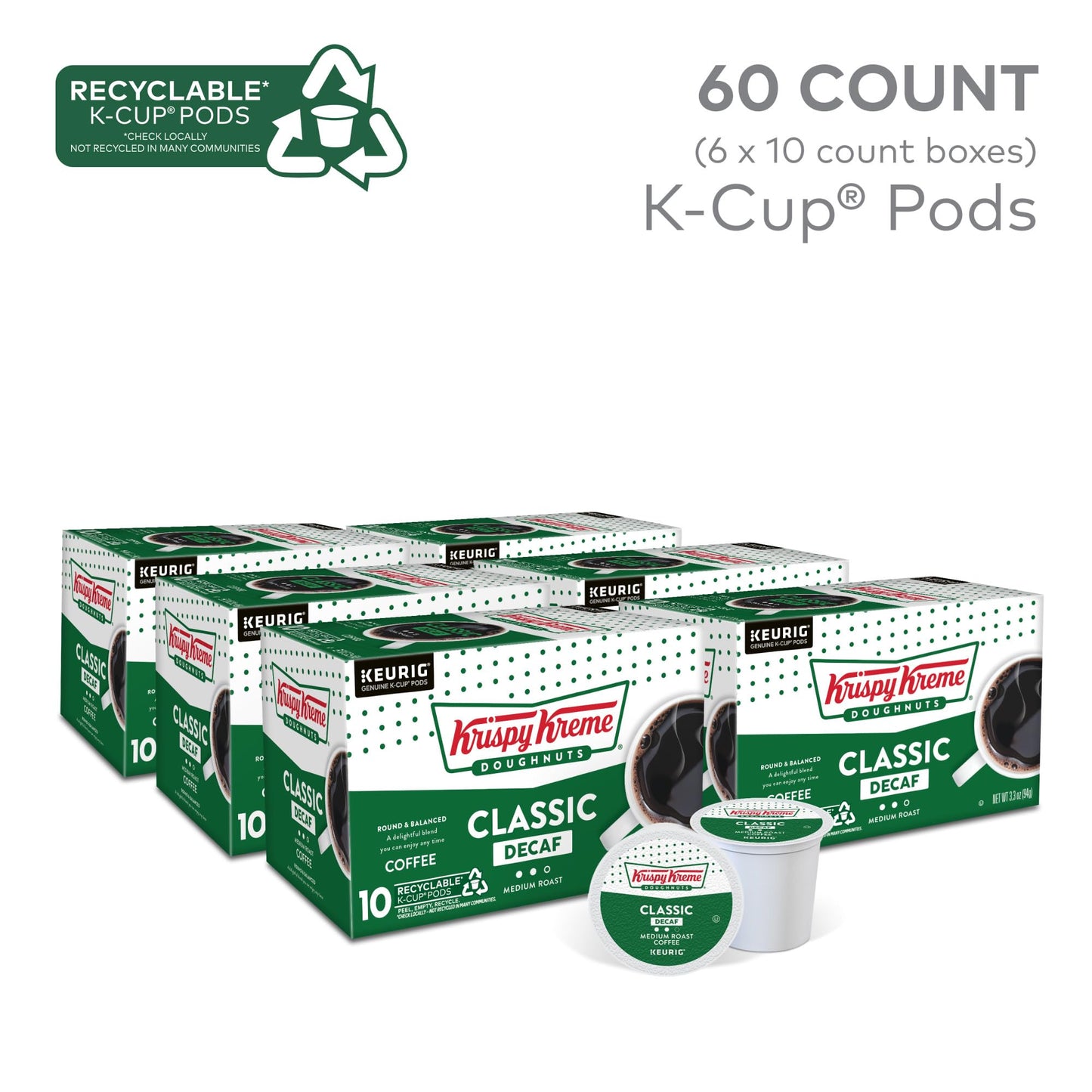 Krispy Kreme Classic Decaf Keurig Single-Serve K-Cup Pods, Light Roast Coffee, 60 Count (6 Packs Of 10)