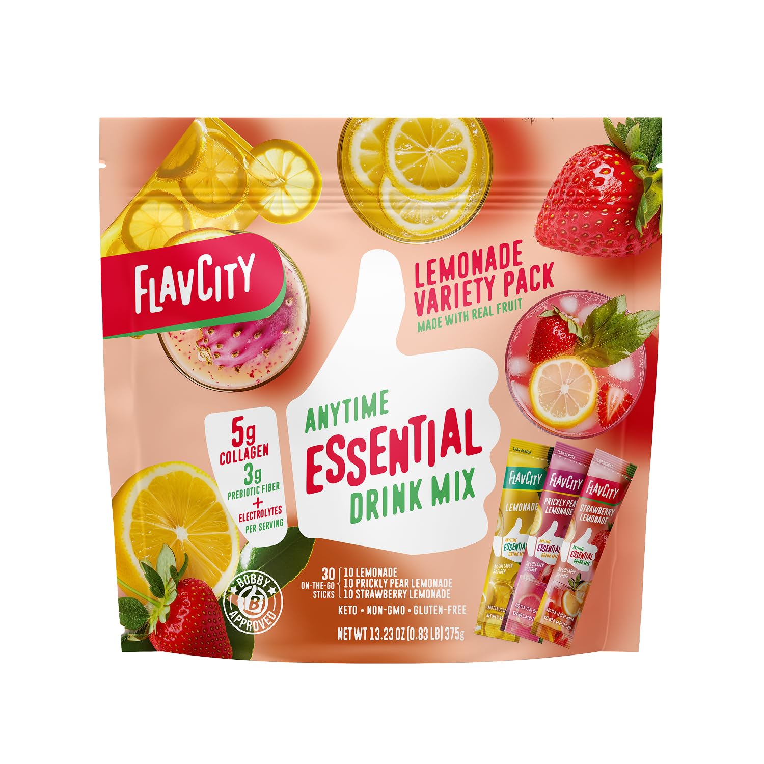 FlavCity Anytime Essential Lemonade Variety Pack - Powder Drink Mix Packets with Collagen - Lemonade Packets in 3 Flavors - Wate