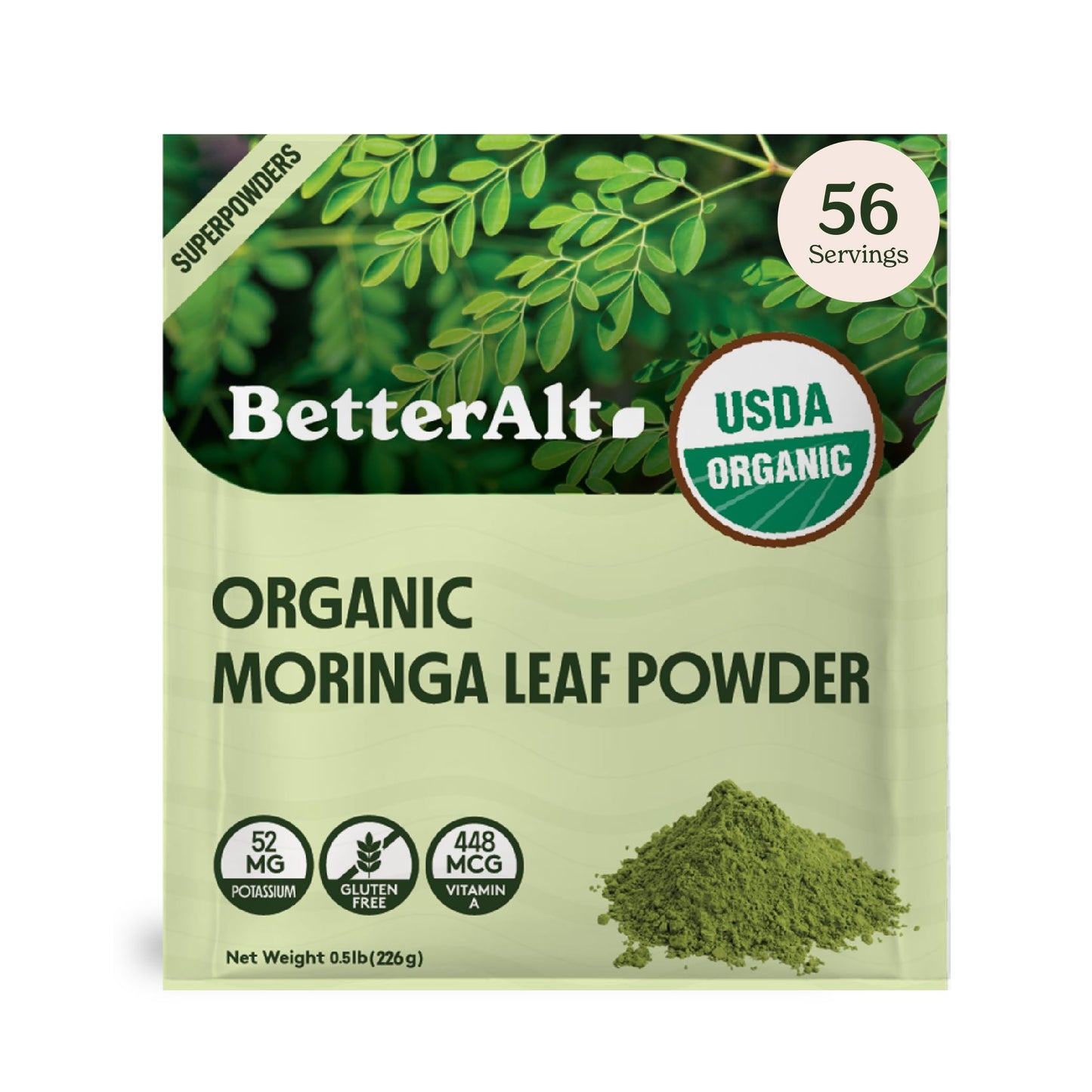 Better Alt Organic Moringa Powder, 8 Oz, USDA Certified, Green Superfood for Smoothies, Tea, Drinks & Recipes