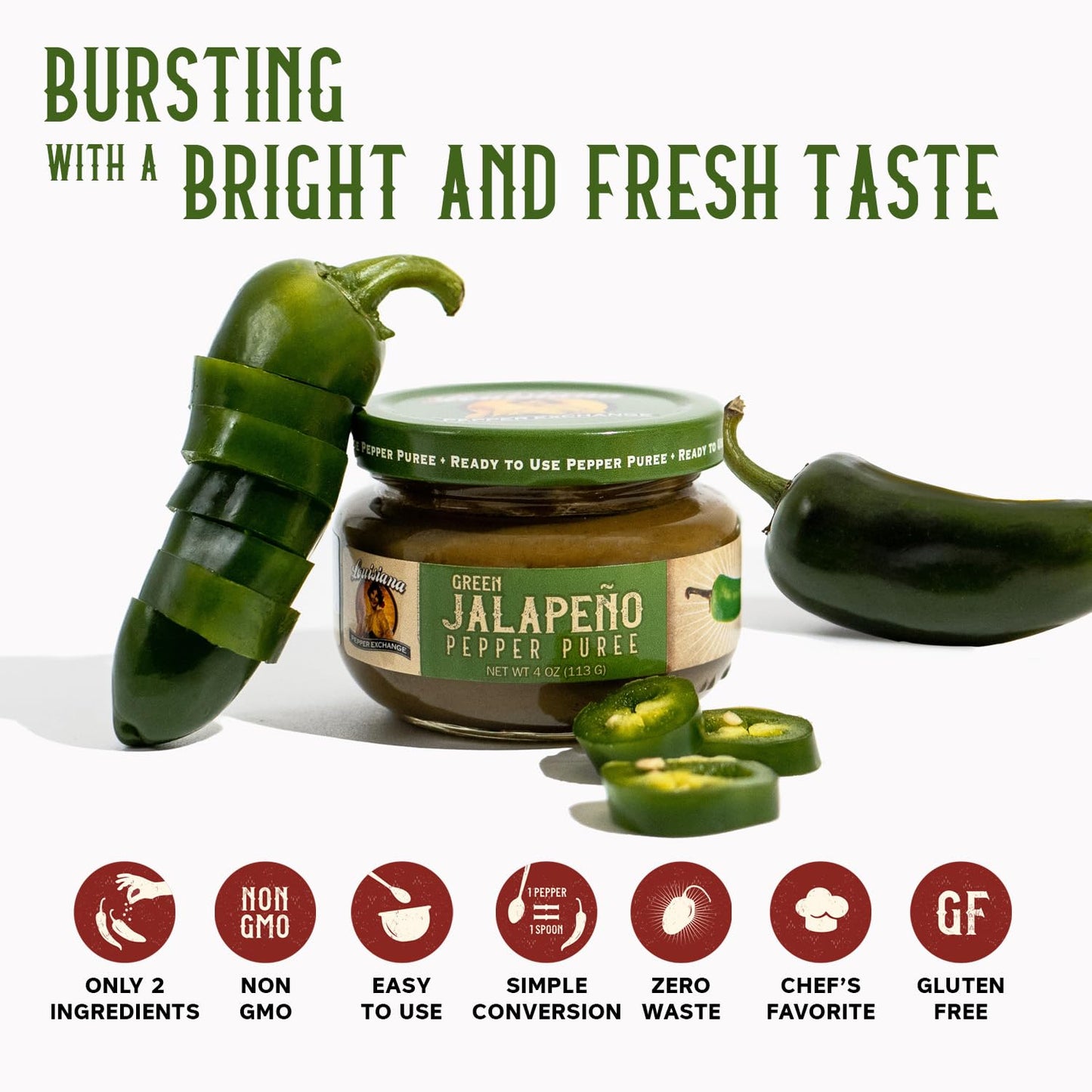 Green Jalapeno - Louisiana Pepper Exchange - Fresh Pepper Replacement (Green Jalapeno Pepper Puree) 1 Jar - Plant-Based, Gluten-