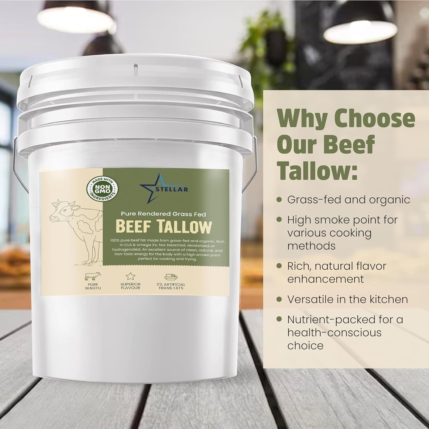 STELLAR CHEMICAL CORP Beef Tallow - 100% Grass-Fed & Finished - Food Grade Cooking, Baking & Frying - 32 Ounce (3 LBS)