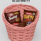 Easter Pink Round Willow Basket (70 Ct) Filled With Treats, Snacks, Candy, Peelable Gummies, Marshmallow Gummies, Bunny And More
