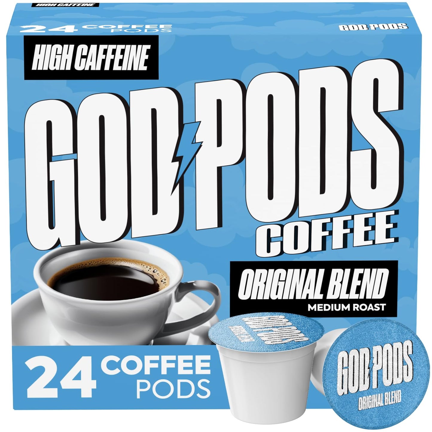 GOD PODS COFFEE High Caffeine  Medium Roast K Cups  Original Blend  Focus and Energy  Single Serve Coffee Pods  24 Count