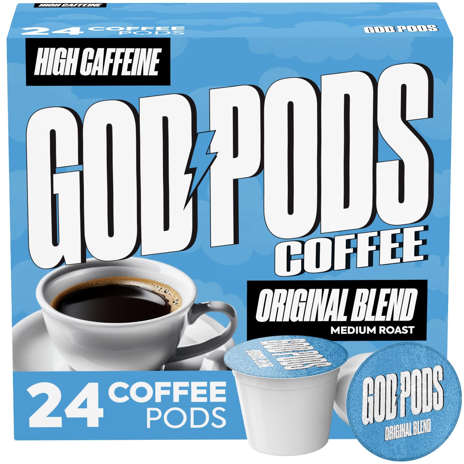 GOD PODS COFFEE High Caffeine  Medium Roast K Cups  Original Blend  Focus and Energy  Single Serve Coffee Pods  24 Count