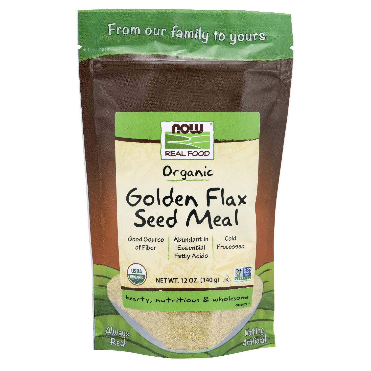 NOW Foods, Organic Golden Flax Seed Meal, Source of Essential Fatty Acids and Fiber, Cold-Processed, Certified Non-GMO, 12-Ounce