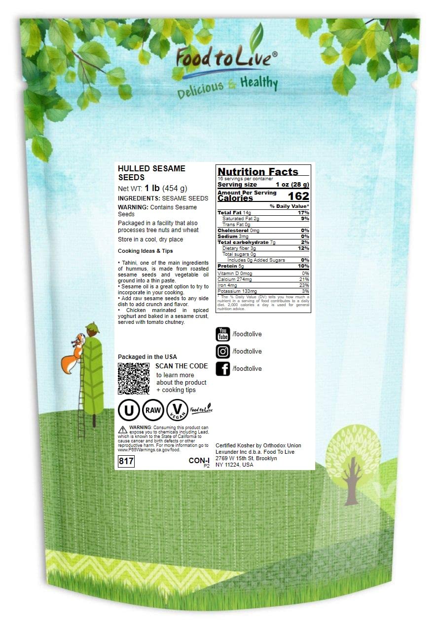 Hulled Sesame Seeds, 1 Pound — Non-Gmo Verified, Whole Raw White Sesame Seeds, Kosher And Vegan, Unroasted, Bulk Sesame. High In Magnesium, Iron, And Calcium. Perfect For Tahini Paste