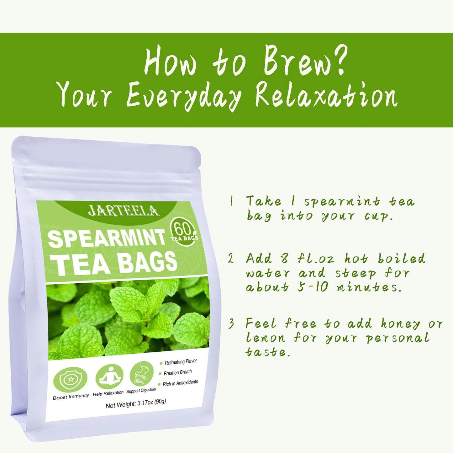Jarteela Spearmint Tea Bags - 1.5g x 60 Count - Pure Herbal, Non-GMO, Caffeine-Free