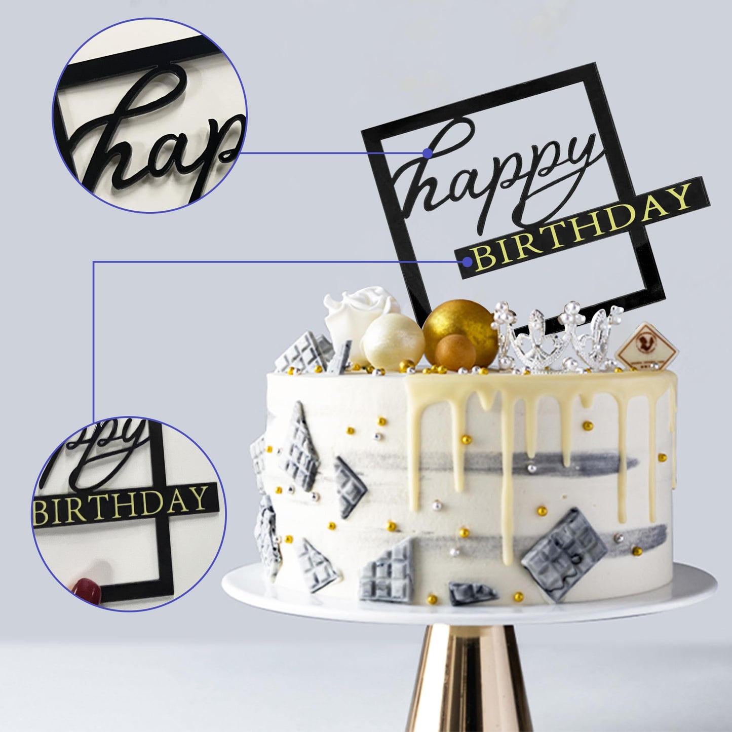 10 Pcs Black Happy Birthday Cake Toppers Mirror Acrylic Cake Topper Side Cake Decorations Cake Inserts Cake Decorating Supplies