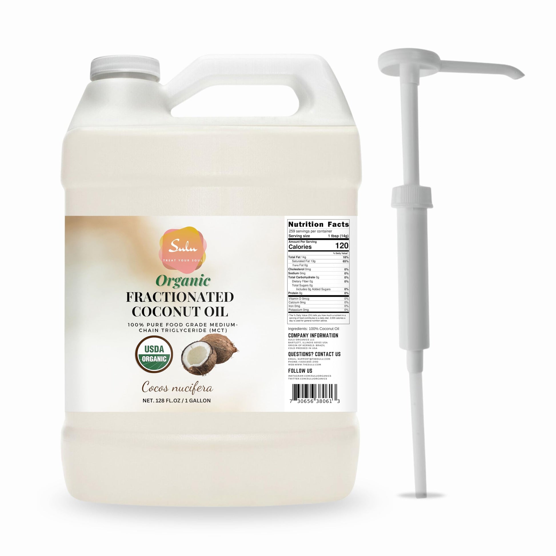 100% Pure Organic Fractionated Coconut Oil MCT-Food Grade-Keto, Paleo, Kosher, Vegan -1 gallon-128 fl.oz