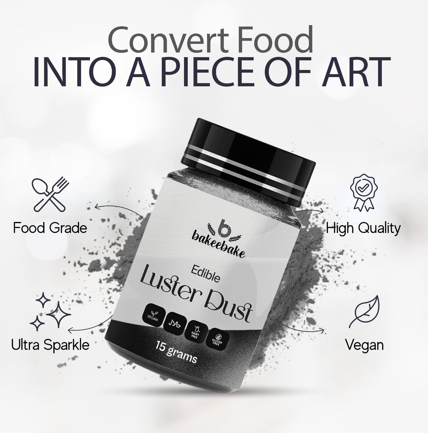Bakeebake Edible Silver Glitter Dust for Cake Decorating - 15g - Vegan, Gluten Free