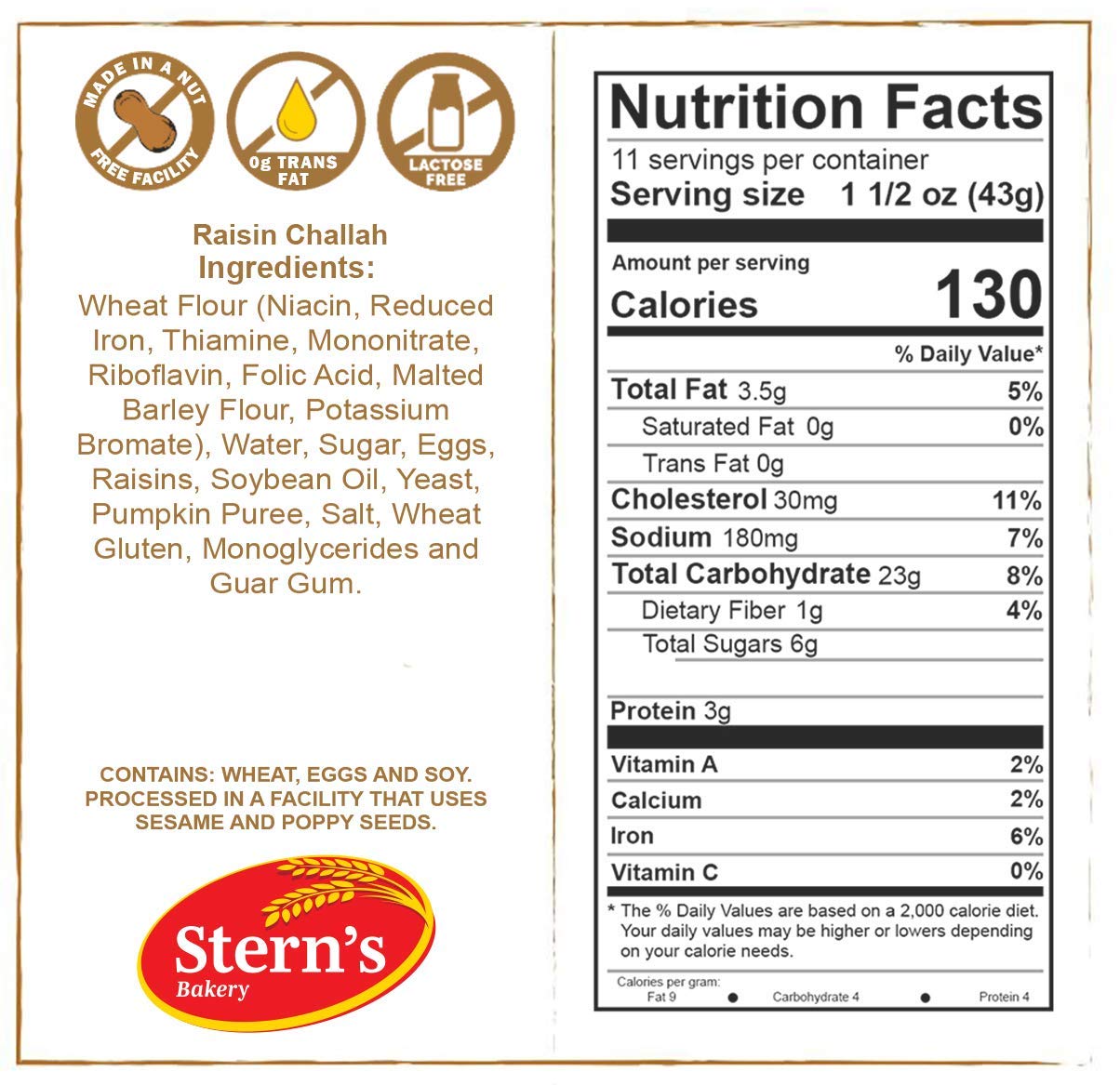 Sterns Bakery Raisin Challah Bread - 16 Ounce, Braided, Traditional for Holiday or Shabbat Table