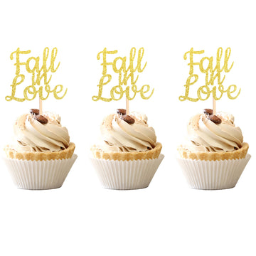24 Pcs Fall In Love Cupcake Toppers Glitter Bridal Shower Cupcake Picks Wedding Engagement Anniversary Birthday Party Cake Decor