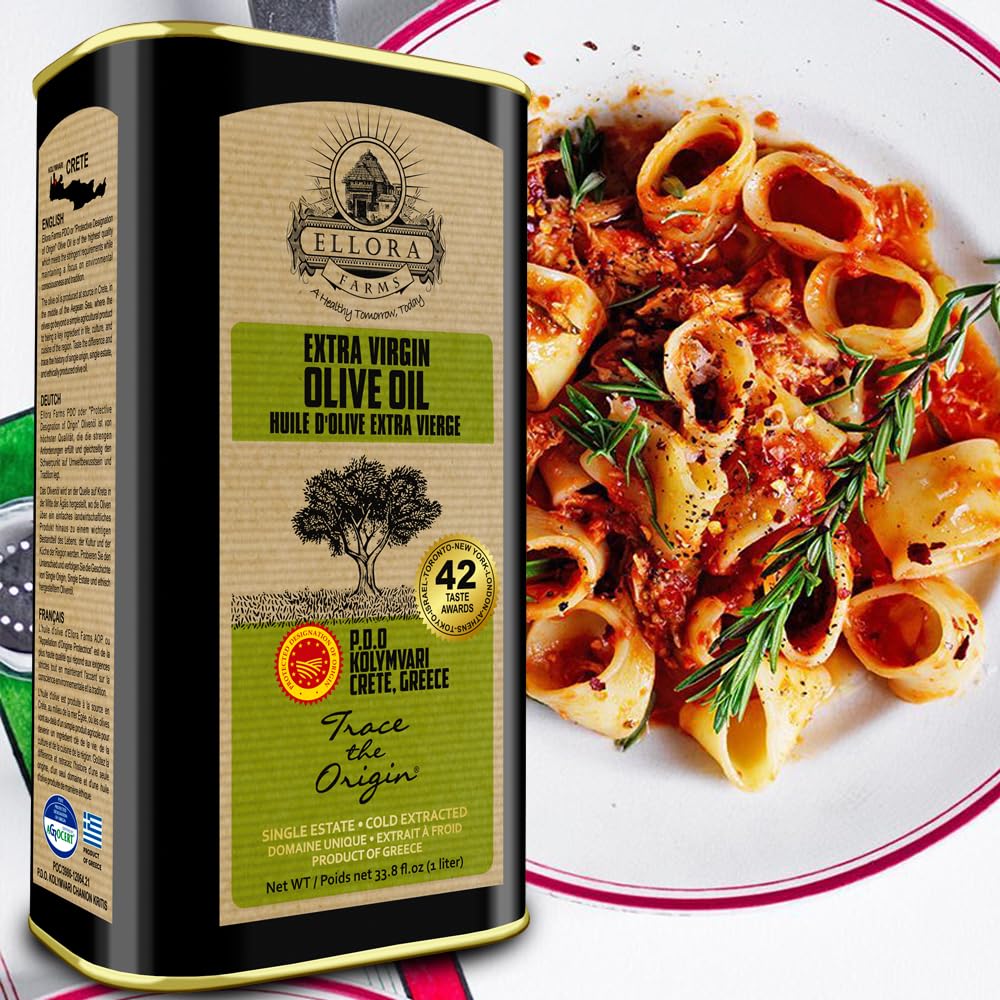 Ellora Farms, Single Estate Pdo Greek Extra Virgin Olive Oil, Cold Pressed & Traceable Olive Oil, Kosher, 1 Lt Tin (33.8 Oz.), P