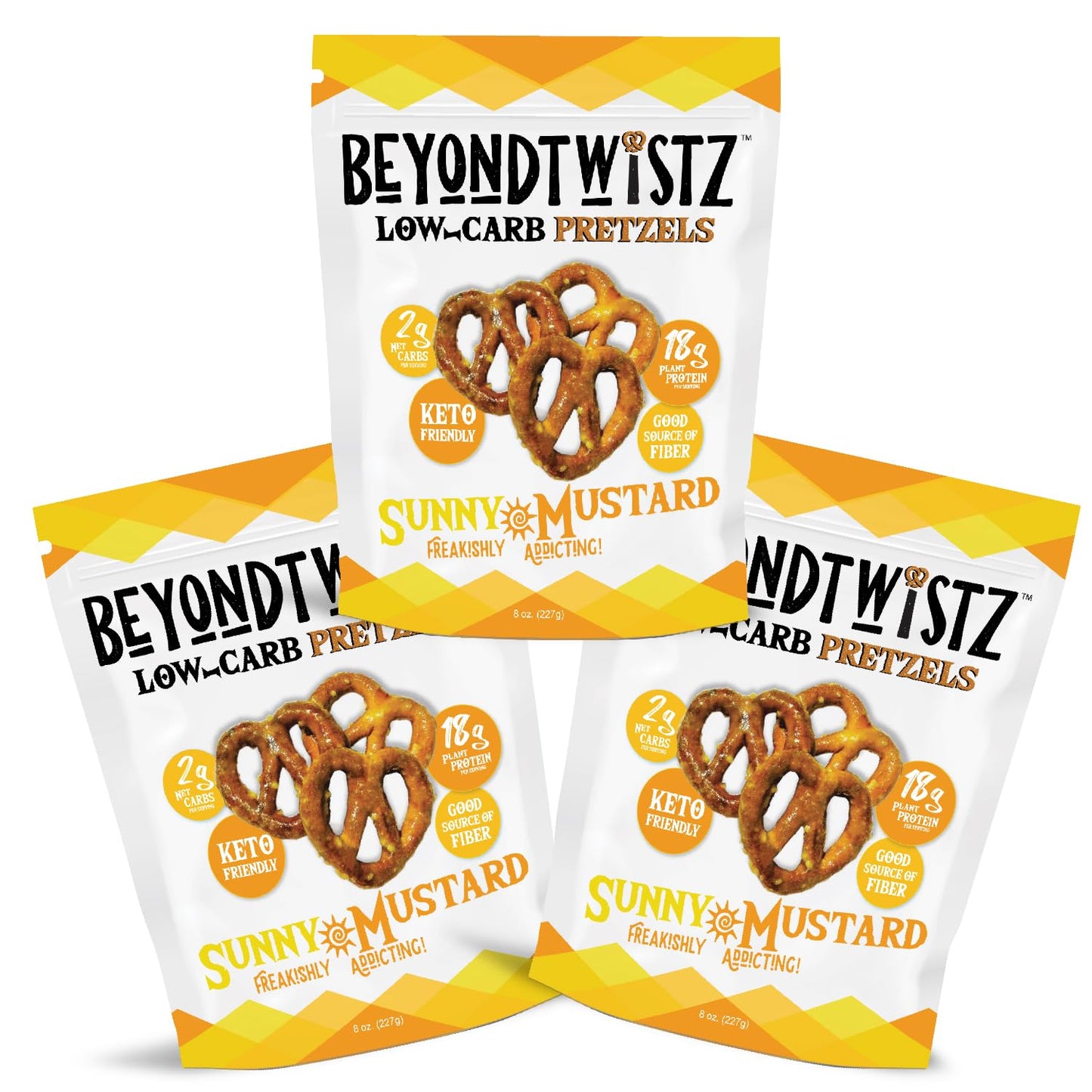BeyondChipz Low Carb Pretzels, Keto Friendly, 2g Net Carbs, 18g Protein, Family Size 8oz Bag, Pack of 3