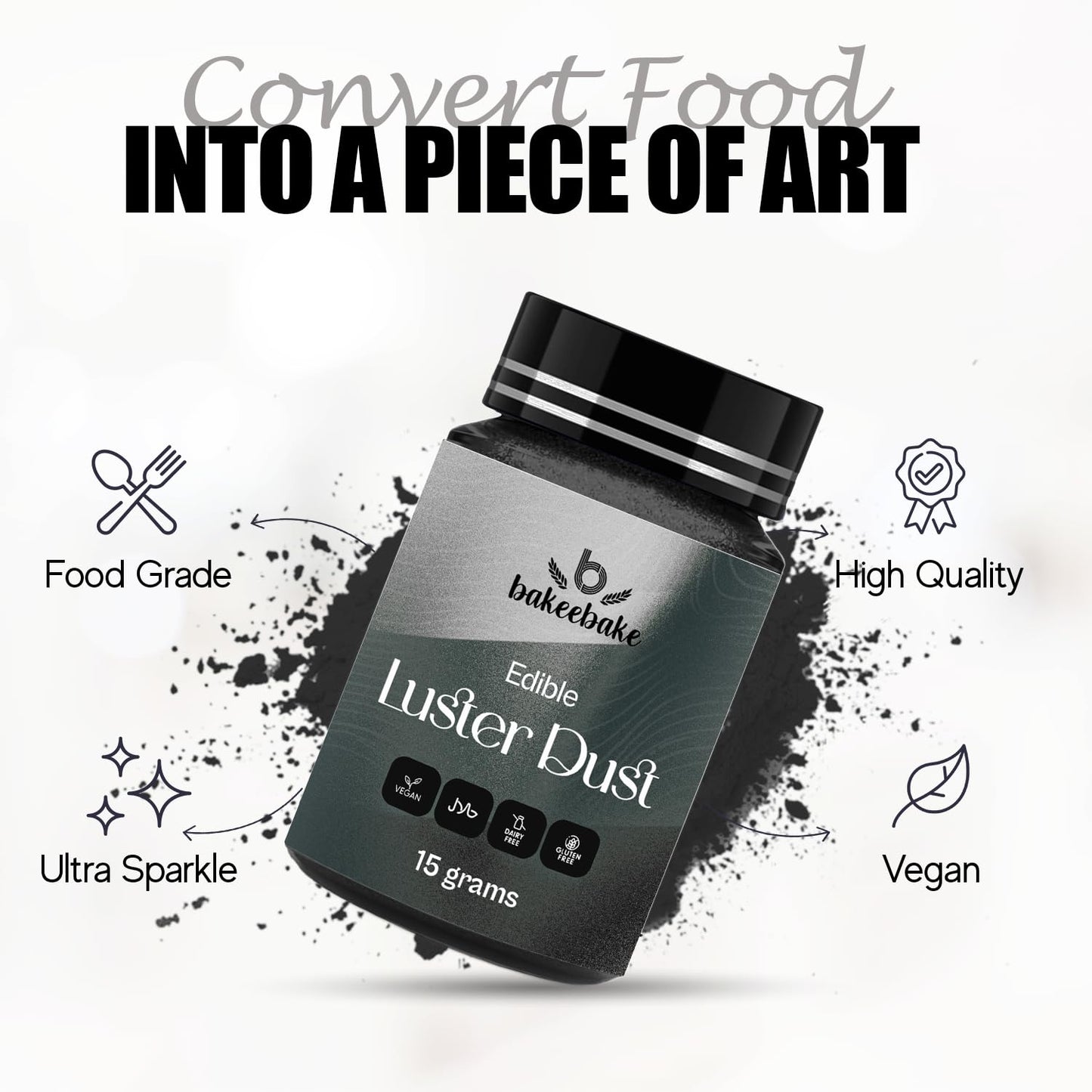 Bakeebake Luster Dust Edible 15G - Edible Glitter For Drinks & Desserts - Gluten Free Edible Black Dust For Cake Decorating - Ta