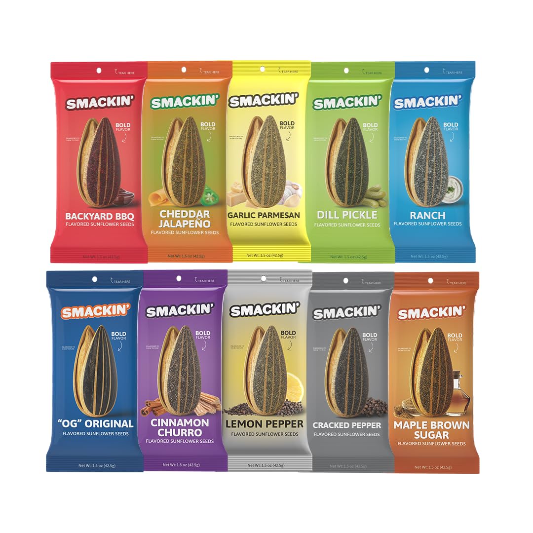 SMACKIN Sunflower Seeds  No Salty Burn  Roasted Jumbo Small-Batch  American Made - 10 Flavor Variety. 1.5oz bags (10 Bags)