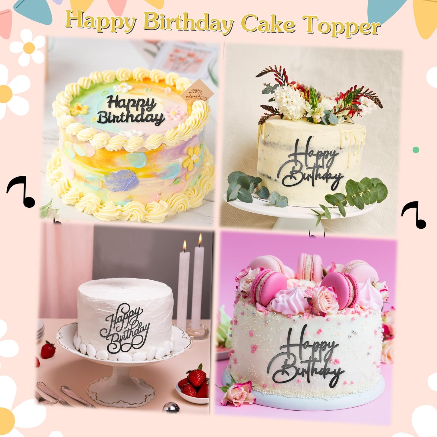 6 Pcs Happy Birthday Side Cake Toppers Black Mirror Side Cake Toppers Diy Acrylic Glitter Cake Inserts Celebration Birthday Part