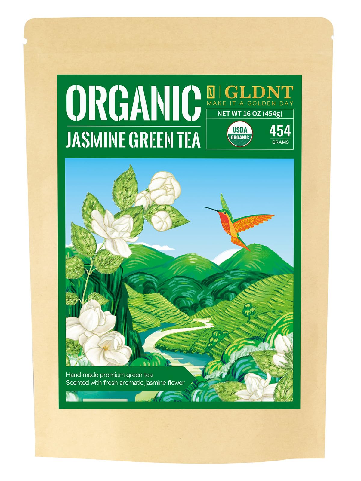 Gldnt Organic Jasmine Green Tea, Organic Jasmine Green Tea Loose Leaf With Delightful Aroma, Delicate And Smooth Flavor, Hot & Iced Tea, 16 Ounce