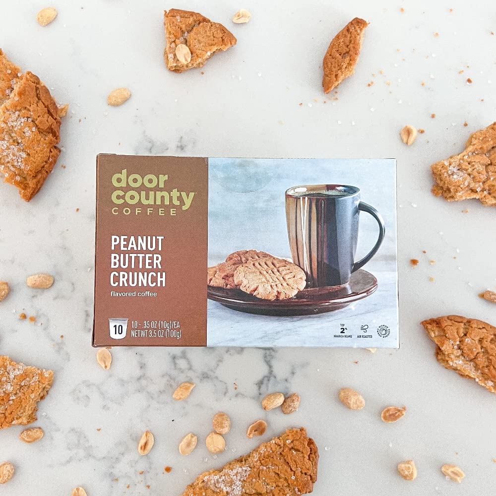 Door County Coffee Peanut Butter Crunch Flavored Coffee Ground | 10 Count Single Serve Cups | Medium Roast | 100% Specialty Arab