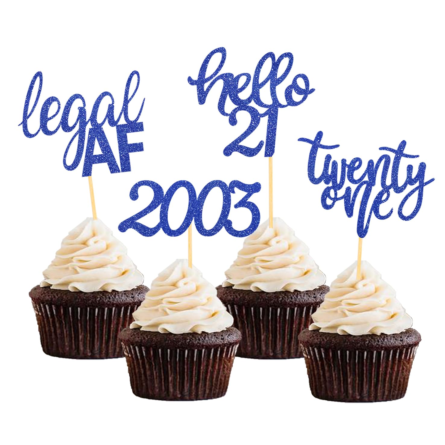 24 Pcs Glitter 21St Birthday Cupcake Toppers For Celebrating Twenty-One Years Old Birthday Party Decorations (Dark Blue Glitter)
