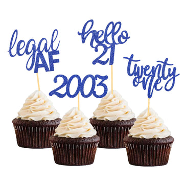 24 Pcs Glitter 21St Birthday Cupcake Toppers For Celebrating Twenty-One Years Old Birthday Party Decorations (Dark Blue Glitter)