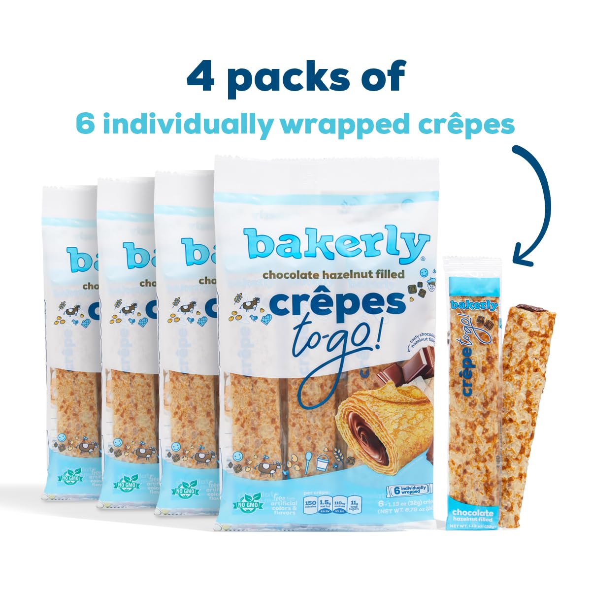 bakerly Chocolate Hazelnut Filled Crepes to go! Non GMO, Free from Artificial Flavors & Colors, Pack of 4, 6-Count (24 Total Cre