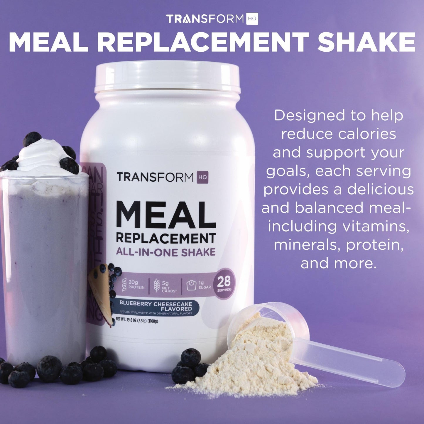 TransformHQ Meal Replacement Shake Powder - Blueberry Cheesecake, Gluten Free, Non-GMO, 40 Ounce (Pack of 1)