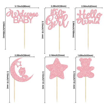 Gyufise 24Pcs Baby Girl Cupcake Toppers With Moon Glitter Star Bear Hello World It'S A Girl Baby Shower Cupcake Picks Gender Rev