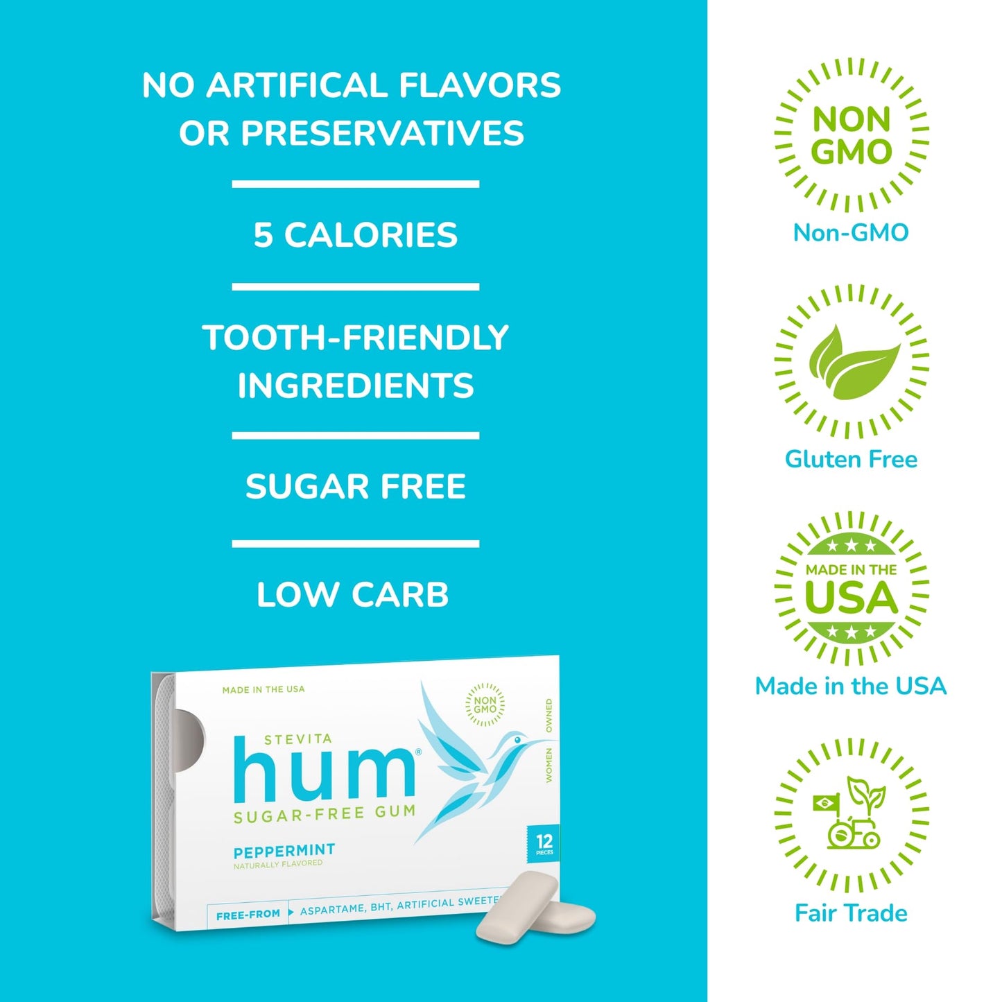 Stevita Hum, Peppermint - Sugar-Free Gum - 12 Pieces, Pack Of 12 - Supports Oral Health - Non-Gmo, Vegetarian, Keto, Gluten Free