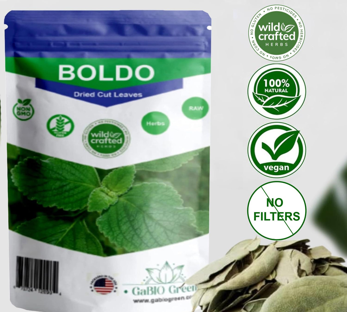 Gabio Green- Boldo Dried Leaves,(4 Oz/114 Gr), Whole Boldo Leaf, 100% Natural Detox, Hojas De Boldo, Peumus Boldus Herbal Tea, B