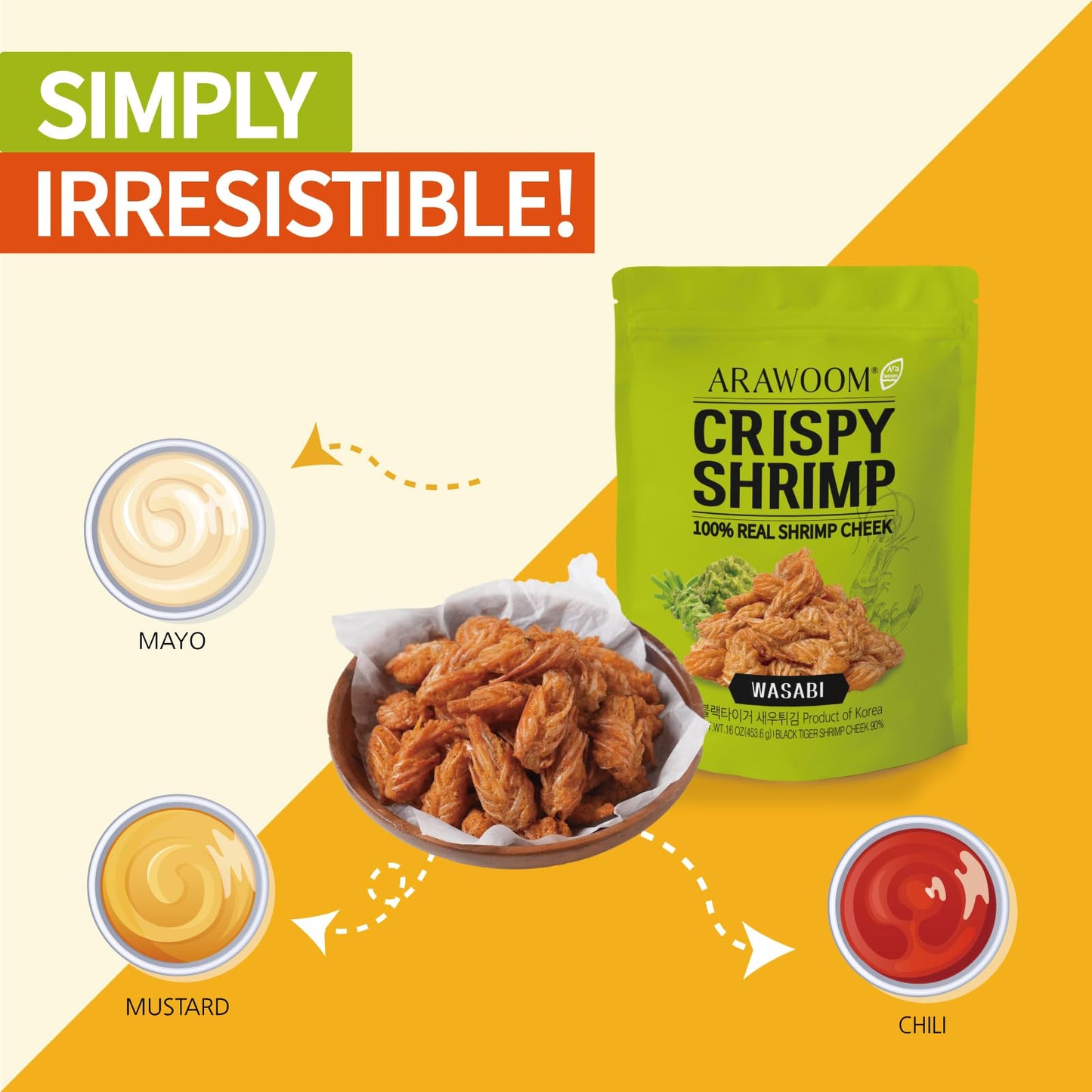 Arawoom - Real Crispy Shrimp Cheek Snack - 100% Real Black Tiger Shrimp - 16 Ounce (Pack Of 1) - Wasabi Flavor - Crunchy Treat F