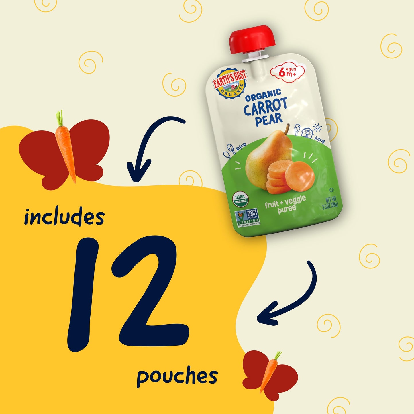 Earth'S Best Fruit + Veggie Puree Organic Carrot Pear 3.5Oz Pouch (Pack Of 12)