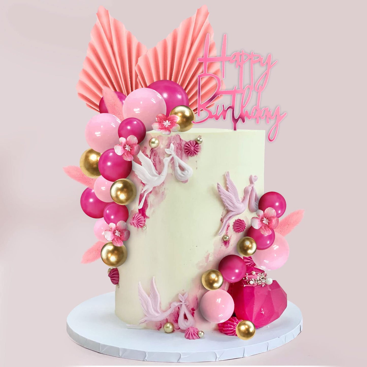 29 Pcs Flower Boho Cake Topper Balls Cake Decorations With Hot Pink And Gold Balls Palm Leaves Artificial Plants For Wedding Bab