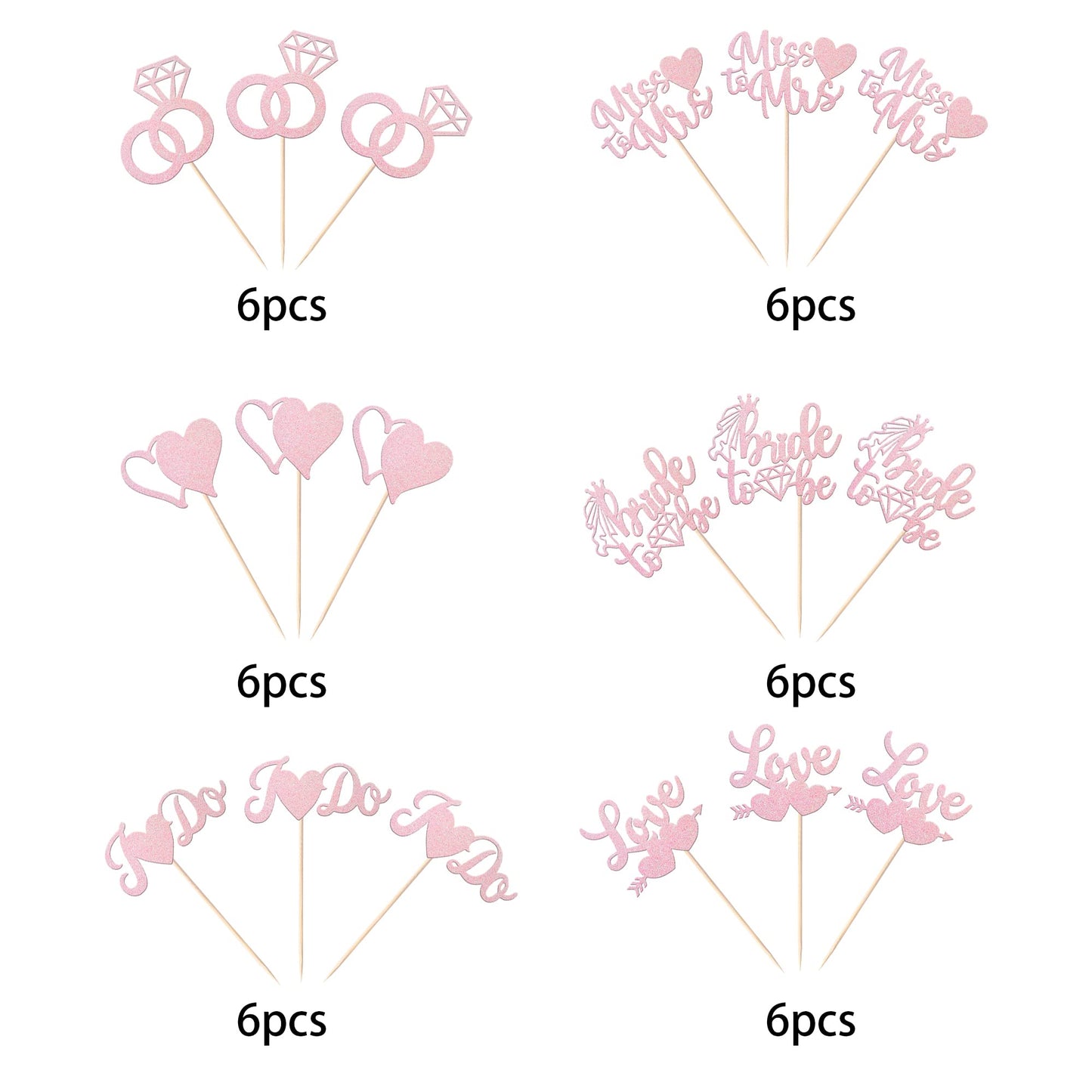 YCTHUNFISH Bridal Shower Cupcake Toppers, 36 Pack Glitter Diamond Ring Picks, Light Pink, Bamboo Decorations for Engagement and Bachelorette Party