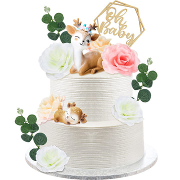 12 Pcs Woodland Deer Figurines Cake Toppers Baby Deer Cake Topper Baby Cake Decorations With Faux Flowers Eucalyptus For Baby Sh