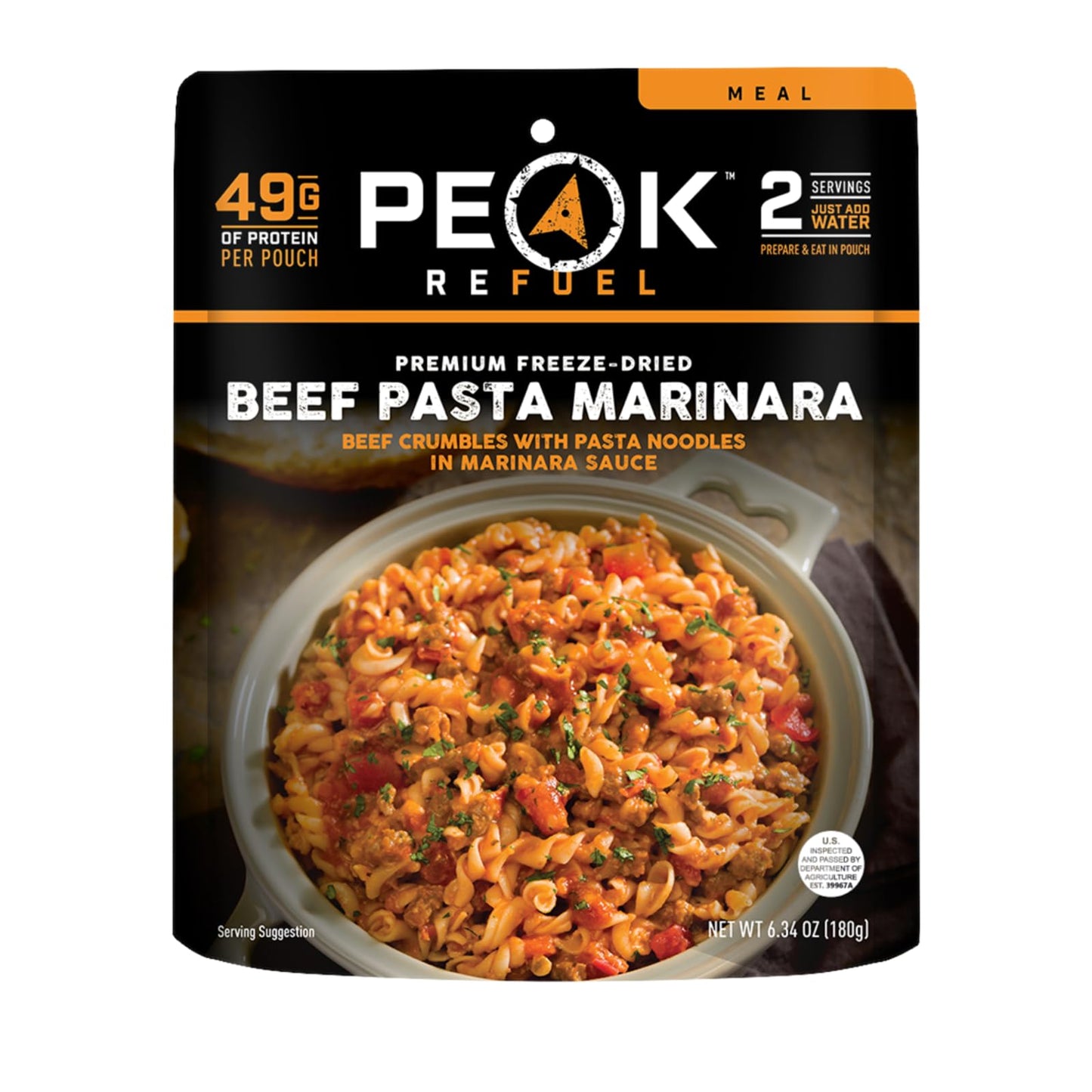 Peak Refuel Beef Pasta Marinara | 49g Protein | 1040 Calories | 100% Real Meat | enhanced Freeze Dried Backpacking & Camping Food | 2 Servings | Ideal MRE Survival Meal (2 Serving Pouch)