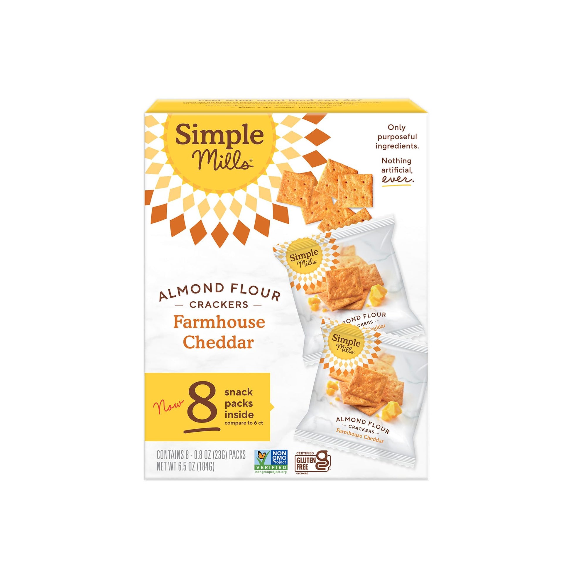 Simple Mills Almond Flour Crackers, Farmhouse Cheddar, Gluten Free, 6.5 oz (Pack of 1, 8 Bags per Box)