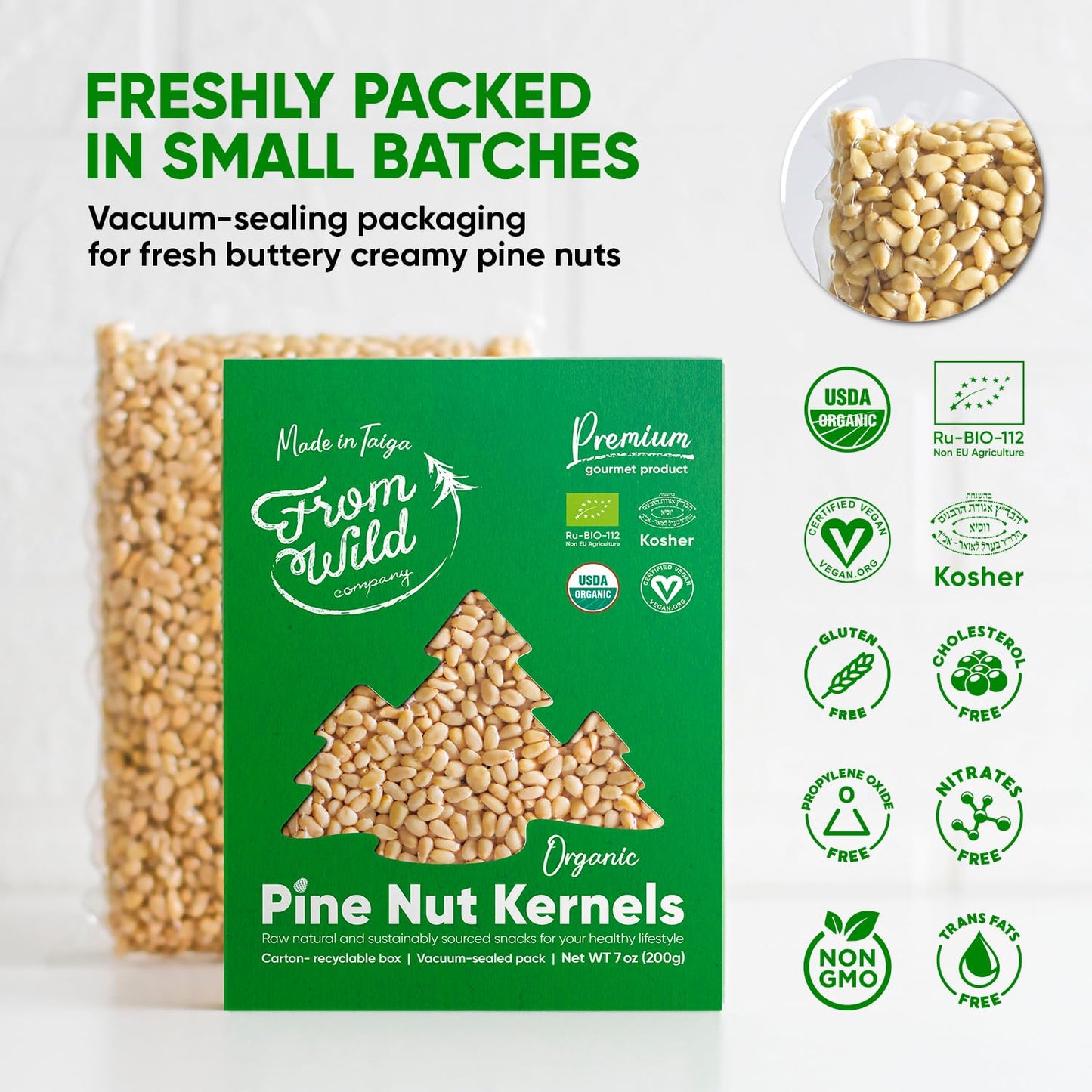 From Wild Fresh Organic Pine Nuts 7Oz Certified Vegan Kosher Unsalted Pignolias - Siberian Pine Nuts For Pesto, Raw Nuts, Medite