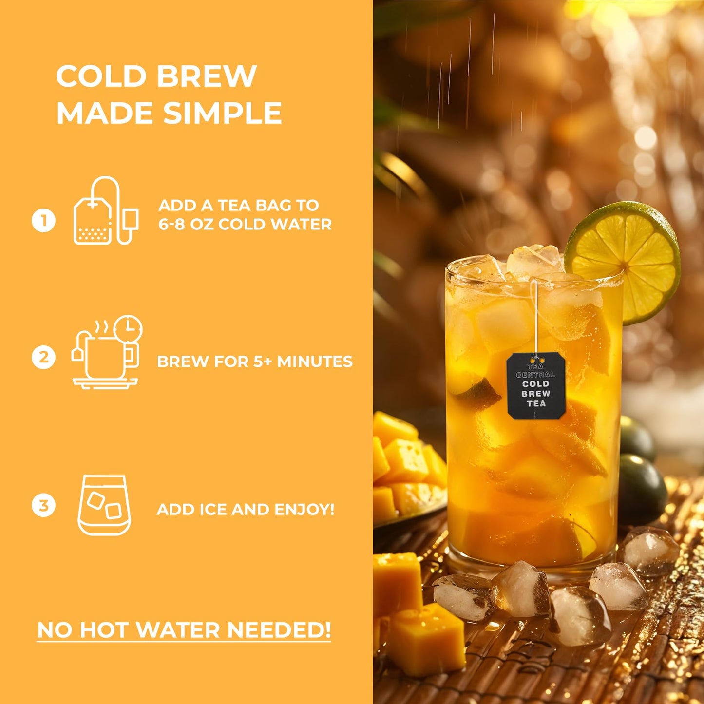 TEA CENTRAL Mango Green Tea - Organic Ceylon Iced Tea Bags, Naturally Refreshing Cold Brew, 25 Bags for Everyday Wellness
