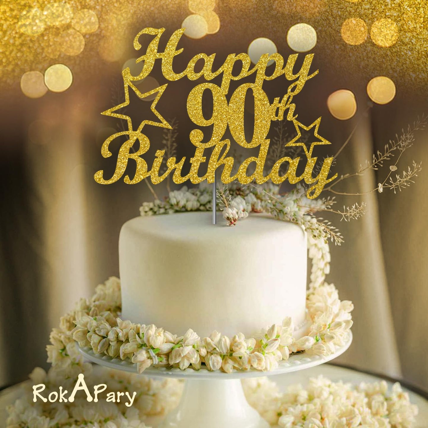 RokAPary 90th Birthday Cake Topper, Gold Glitter, Double-Sided Acrylic, Premium Quality, Sturdy Design, Model RCT217