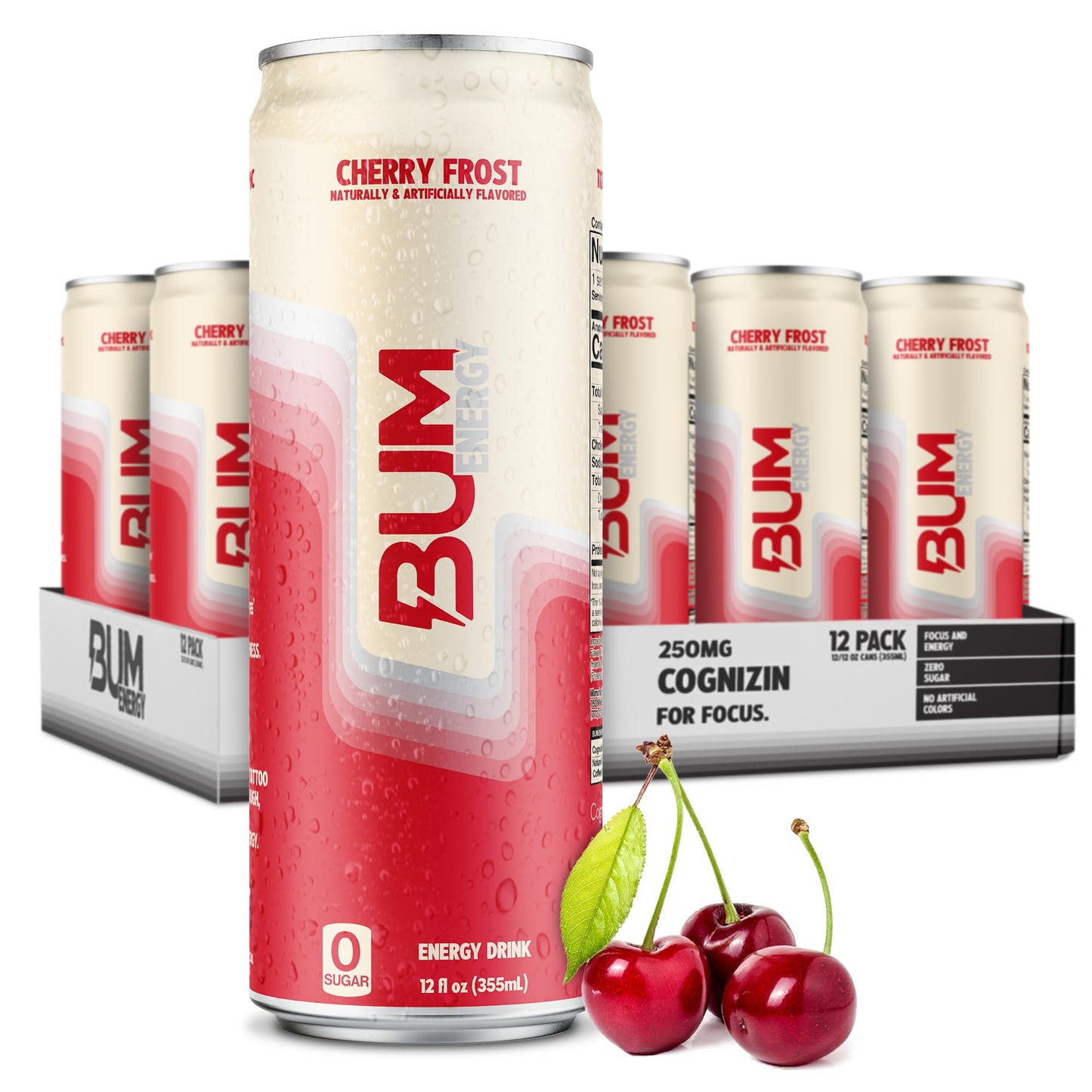 Bum Energy Sugar-Free Cherry Frost Drink, Lightly Carbonated, Natural Caffeine, 12 oz, Pack of 12