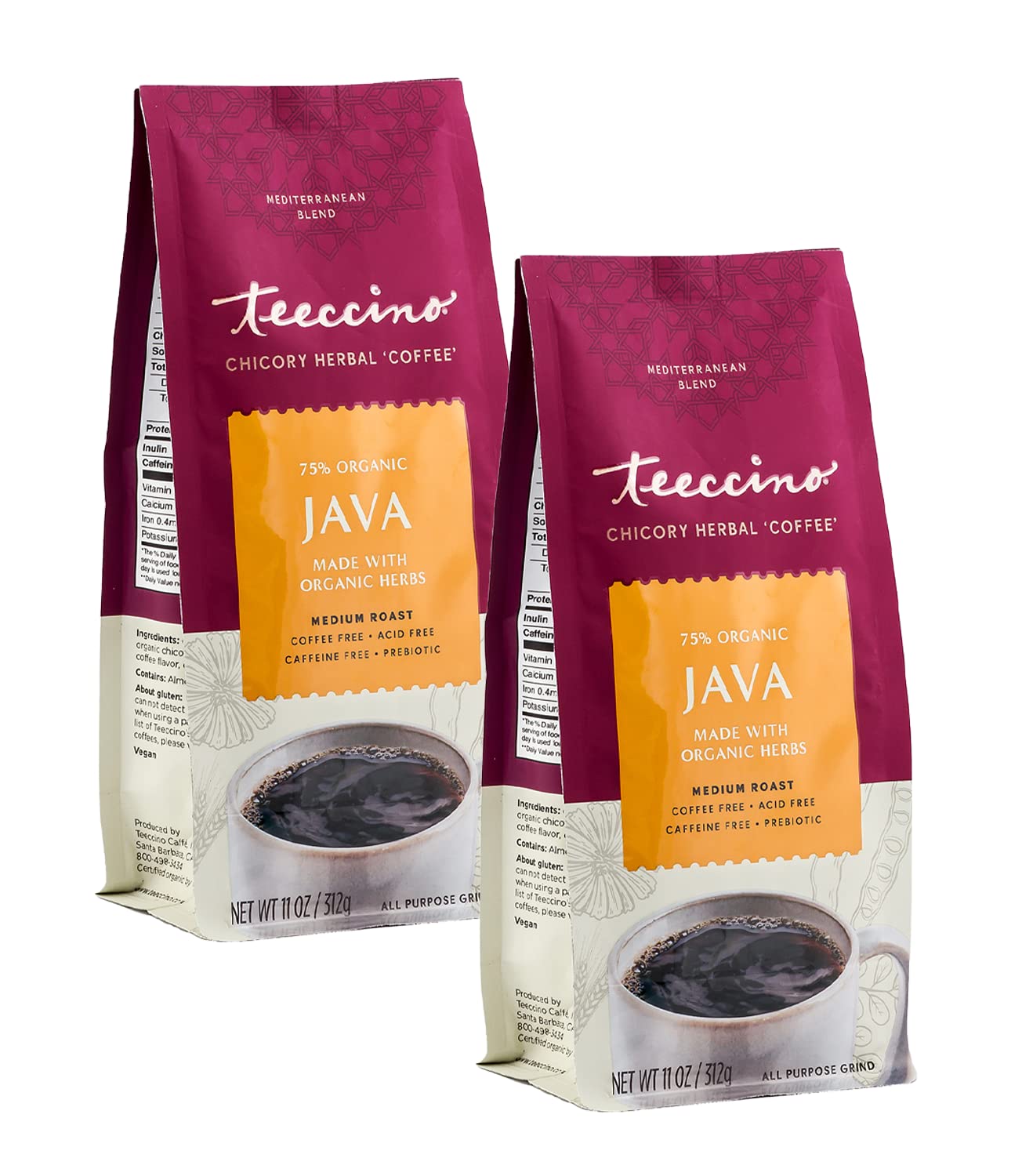 Teeccino Chicory Coffee Alternative - Herbal Coffee, Caffeine Free, Medium Roast, 11 Ounce (Pack of 2)