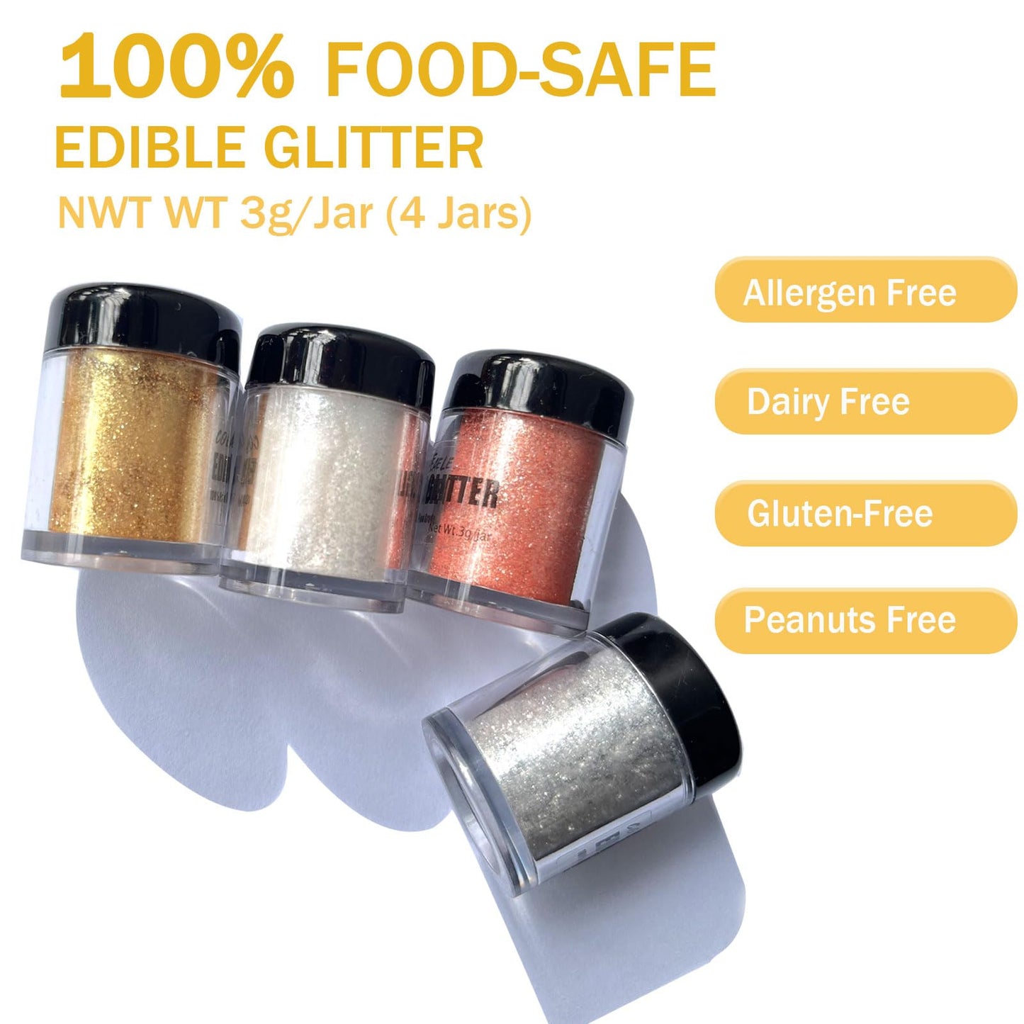 Colaele Edible Glitter for Drinks & Cakes - 4 Colors Shimmering Luster Dust, 3g, Food Grade Metallic Coloring