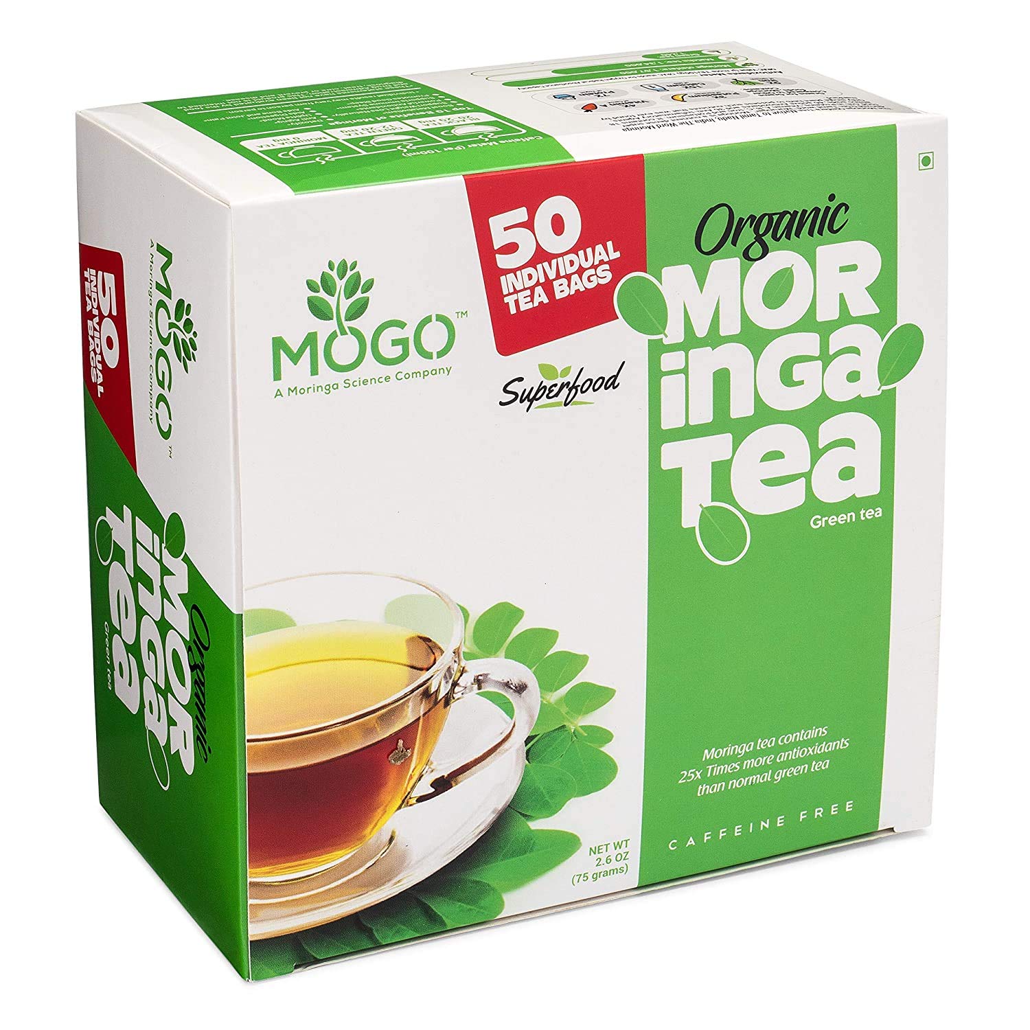 MOGO Organic Moringa Tea Bags - 100 Count, 100% Pure Dried Moringa Leaves, Antioxidant-Rich Herbal Tea