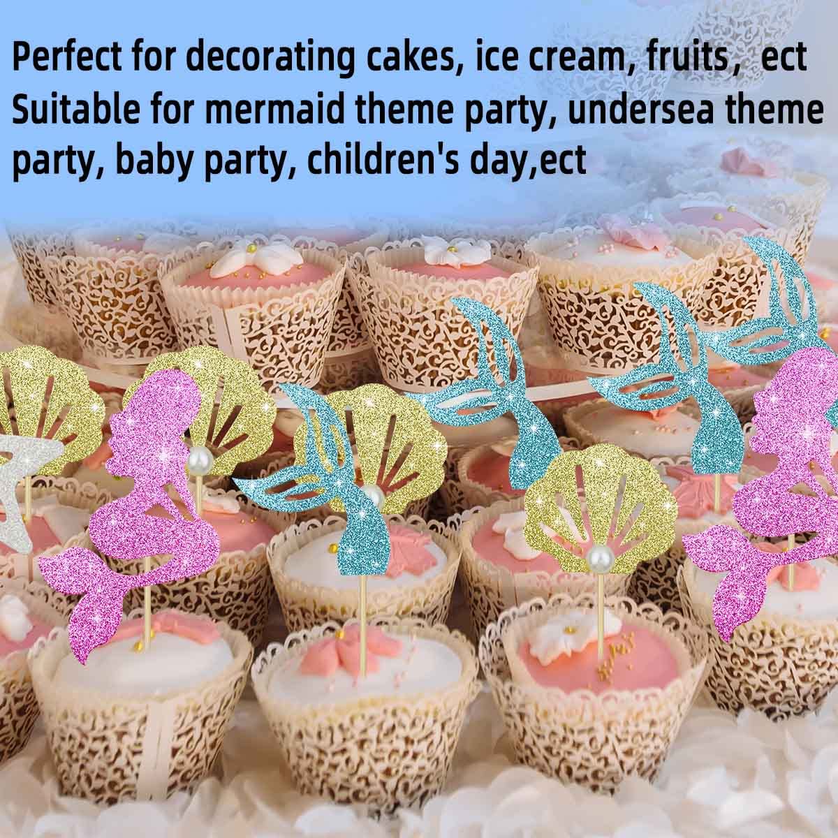 28 Pcs Glitter Mermaid Cupcake Toppers Mermaid Theme Birthday Party Supplies Under The Sea Party Favors Mermaid Starfish Shell M