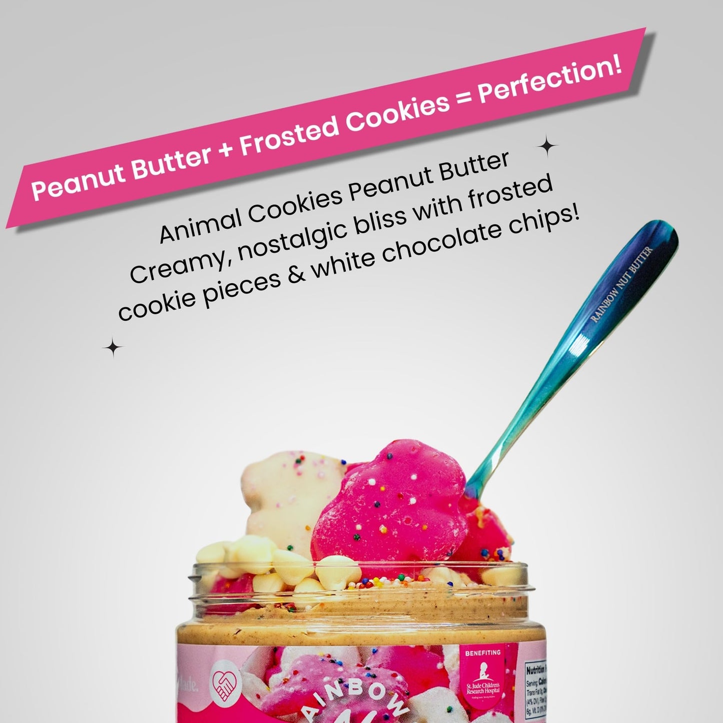 Rainbow Nut Butter, Animal Cookies Peanut Butter, Spread, Treat, Snack, Dessert, White Chocolate Chips, High Protein Flavored Nu