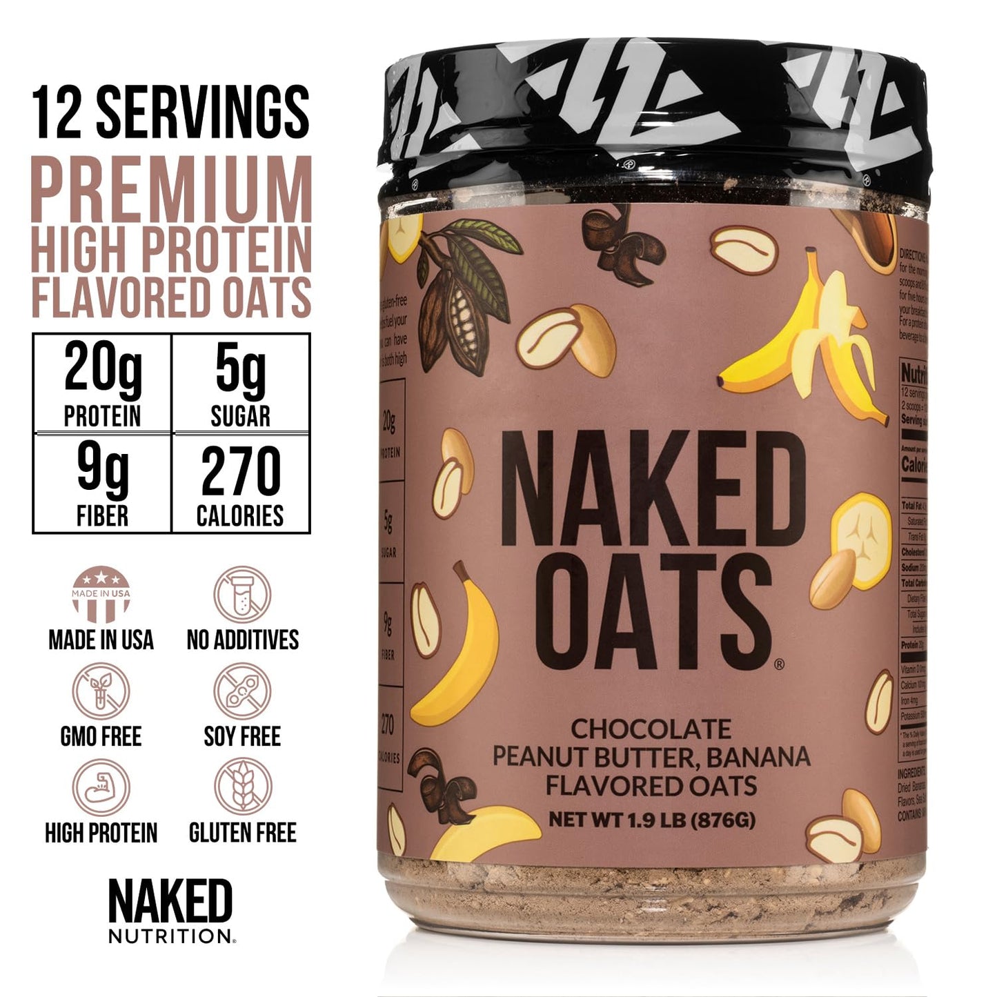 Naked Nutrition Chocolate PB Banana Overnight Oats, 20g Protein, Gluten-Free, 30.4 Ounce