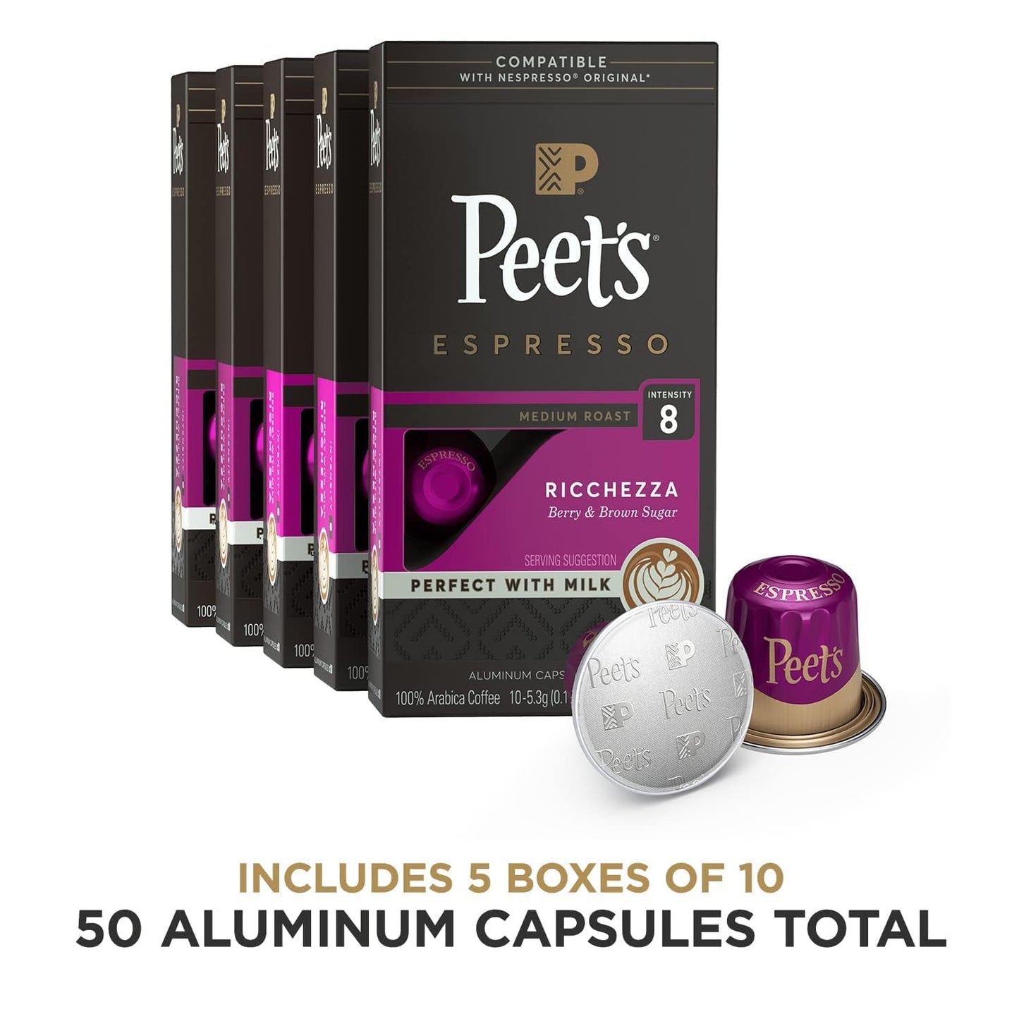 Peets Coffee Medium Roast Espresso compact pieces, Ricchezza Intensity 8, 50 Count (5 Boxes of 10) Compatible with Nespresso Original Machine