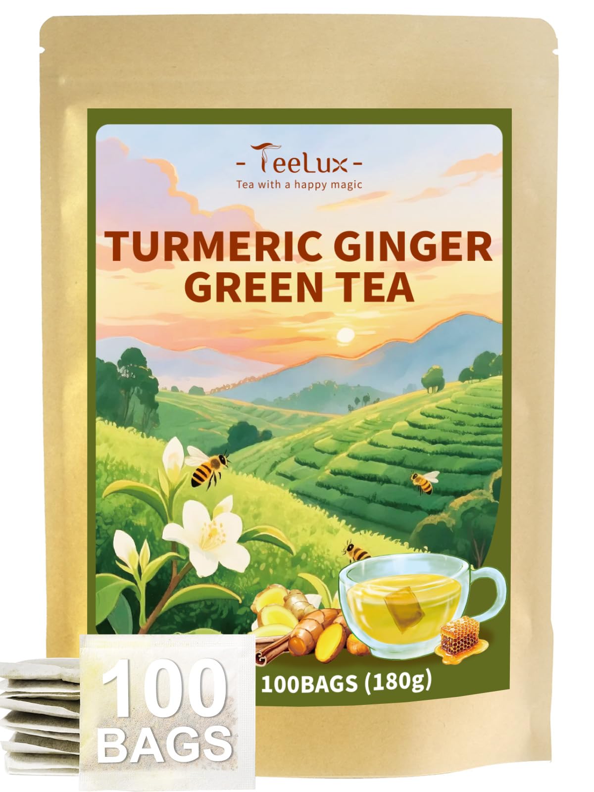 Teelux Flavor Blendger Turmeric Green Tea Bags  Smooth Steamed Green Tea With Spicy Flavor Blendger  Earthy Turmeric & Sweet Honey Aroma  100 Count  Hot & Iced Tea